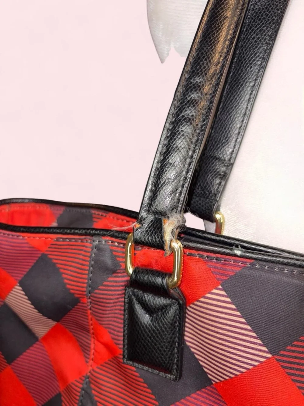 Plaid Red & Black Tote Bag with Black Handles